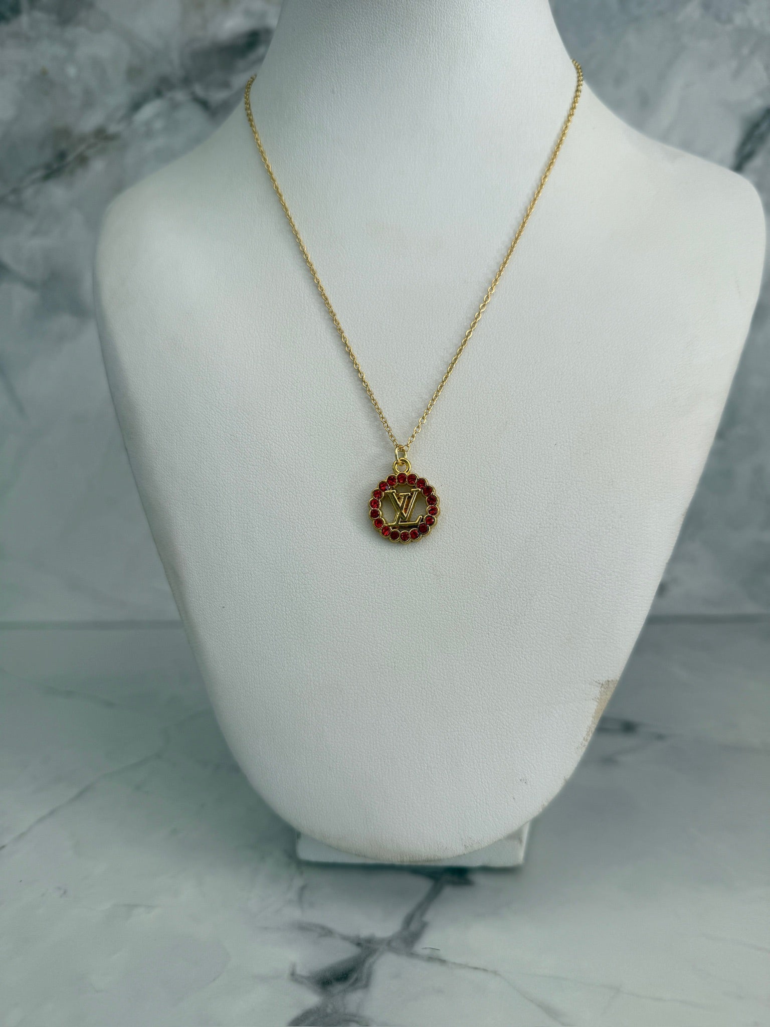 Vivi Red Rhinestone Monogram Necklace