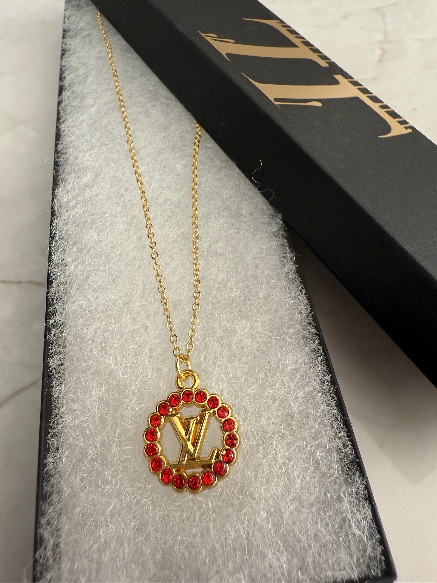 Vivi Red Rhinestone Monogram Necklace